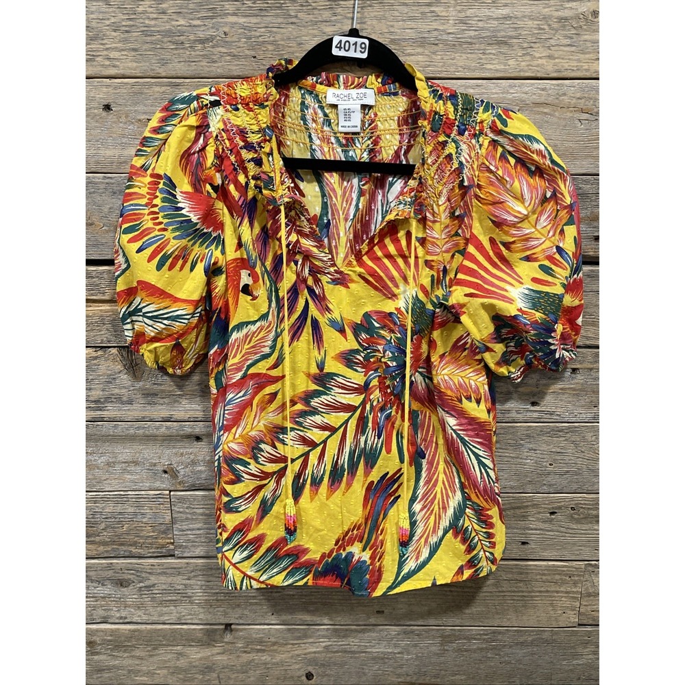 Rachel Zoe Womens Sz XS Multi Tropical Smocked Colorful Stitching Raised Dot Top